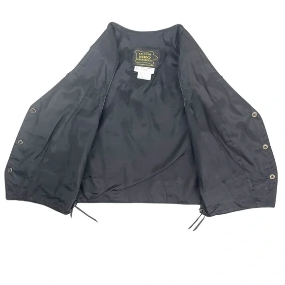 Vtg Le Cuir Niko Leather Biker Vest Black Size L, Eagle Embrossed Braided Detail - Picture 13 of 14